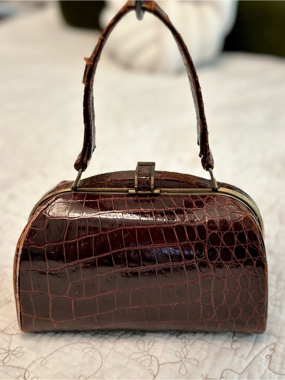 Vintage Genuine Alligator Top Handle Bag - Brown